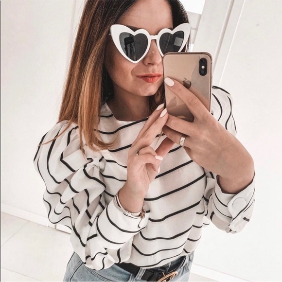 Zara Puff Sleeve Striped Blouse XS Black White Asymmetric Back Modern Chic - Picture 5 of 16